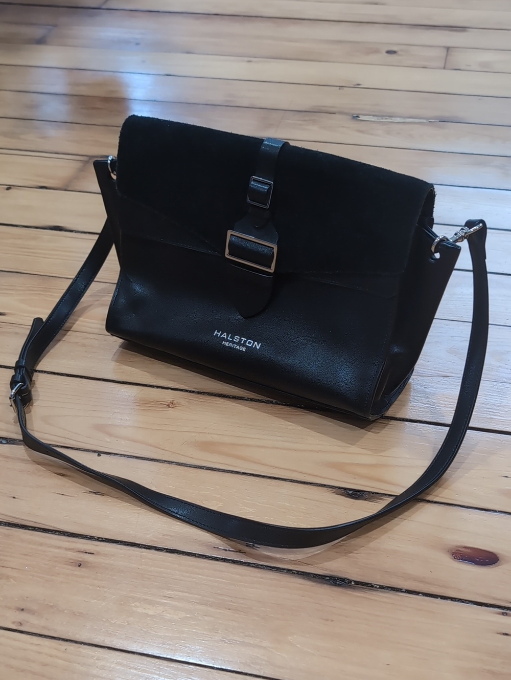 Halston Heritage Black Leather & Suede Flap Crossbody
